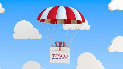TESCO logo on moving box moves under parachute. Editorial loopable 3D animation Stock Footage 122768250