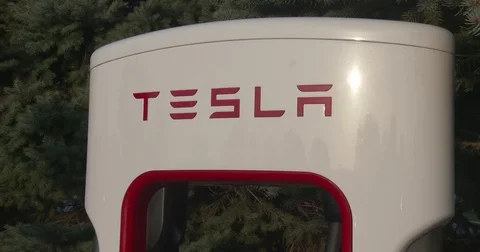 Tesla Charging Station - Close Up of Name - Electric Car Stock Footage 80170628