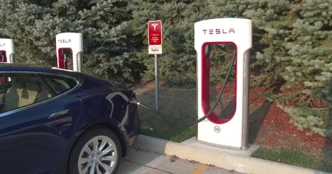 Tesla Charging Station - Electrical Car Charging Stock Footage 80170841