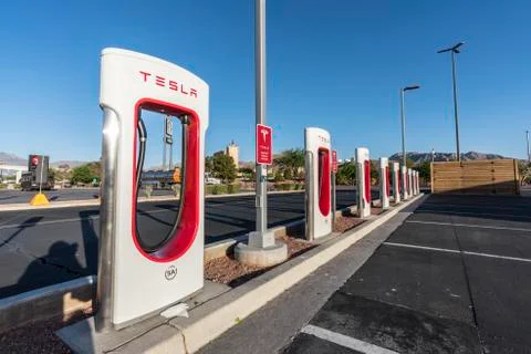Tesla Charging Stations near Interstate 15 and Las Vegas Nevada Stock Photos