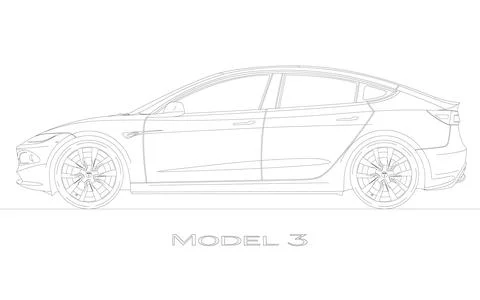 Tesla electric car Model 3 silhouette, outline drawing, illustration 스톡 일러스트