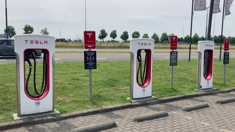 Tesla EV charging station 動画素材 313420266