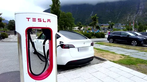 Tesla EV Charging Station In The Small Village Of Eidfjord Norway 스톡 동영상 246823073