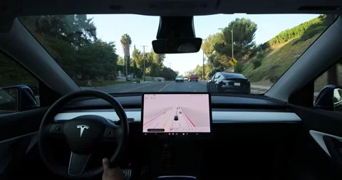 Tesla Full Self Drive Beta 6 Curves on Hill Stock Footage 207209734