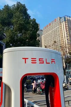 Tesla High Technology Fast-Charging Stations in China Stock Photos