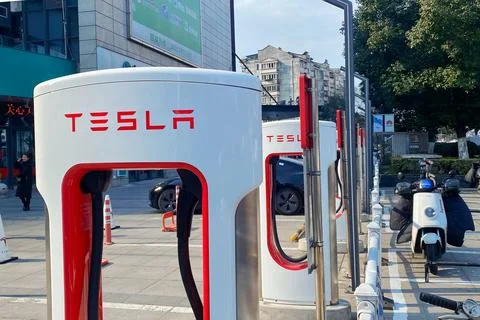 Tesla High Technology Fast-Charging Stations in China Stock Photos