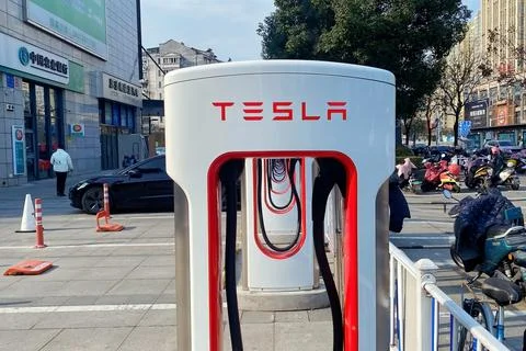 Tesla High Technology Fast-Charging Stations in China Stock Photos