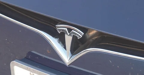 Tesla Logo on Front of Car Stock Footage 80171150