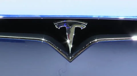 Tesla logo  Model X P100D On The front Bumper - Paris show 2016 Stock Footage 68399146