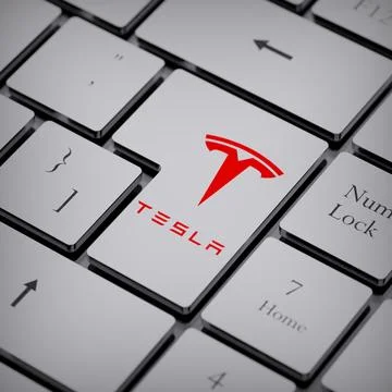 Tesla logo notebook keycap 3d illustration stock market editorial Stock Photos