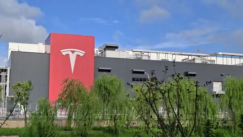 Tesla Megafactory Shanghai with large red logo on factory building Stock Footage 343258074
