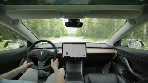 Tesla Model 3 interior, driving on a main road in the countryside Stock Footage 197417784