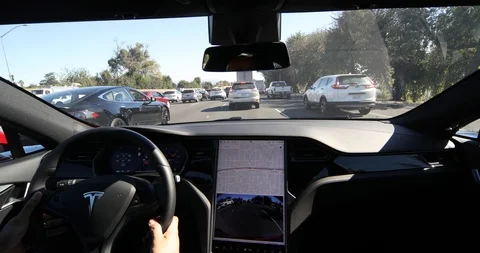 Tesla Model S in Autopilot in Los Angeles Traffic Stock-Footage 98582444