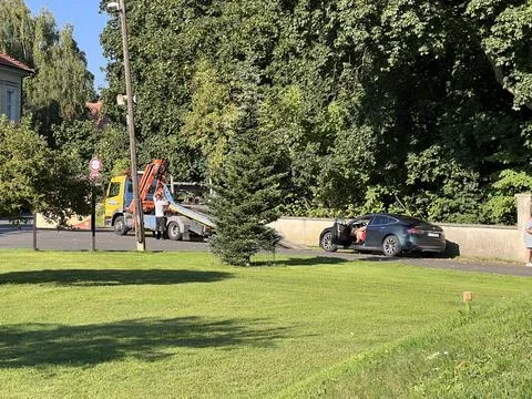Tesla Model S being prepared to tow away in Europe Stock Photos