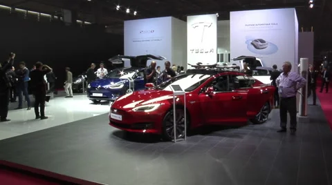Tesla Model S P90D and Tesla Model X in Paris 2016 Stock Footage 68432065