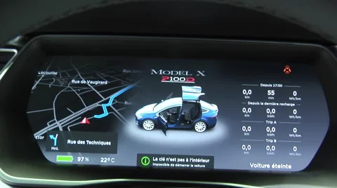 Tesla Model X P100D Bleu, instrument panel, Paris 2016 Stock Footage 68418864