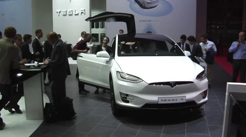 Tesla Model X P100D white, Paris 2016 Stock Footage 68417982