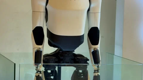 Tesla Optimus Humanoid Robot Close Up at Technology Exhibit Stock Footage 345513297