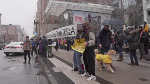 Tesla Protest - Boston, MA, US Stock Footage 306496153