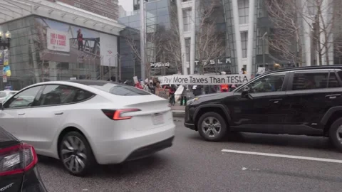 Tesla Protest - Boston, MA, US Stock Footage 306496160