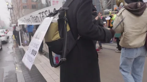 Tesla Protest - Boston, MA, US Stock Footage 306496195