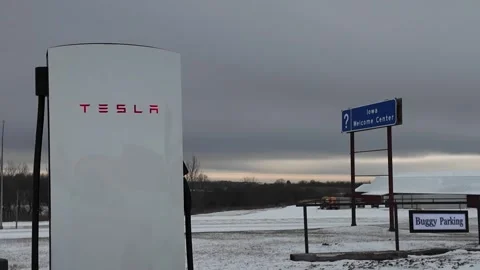 Tesla Supercharger in snow Stock Footage 297129366