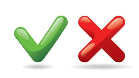 Test check mark buttons icon. Tick and cross vote symbol. Green - yes, red - no Illustrazione stock