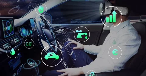 Test driver placing VR headset and activating holographic automotive icons Stock Footage 328304046