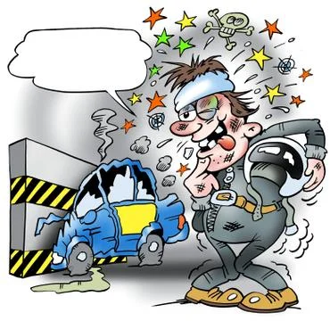 A test driver with a smashed tested car Illustrazione stock