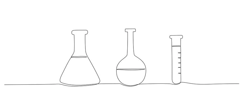 Test flask one continuous line illustration. Hand drawn doodle sketch of medi Stock Illustration