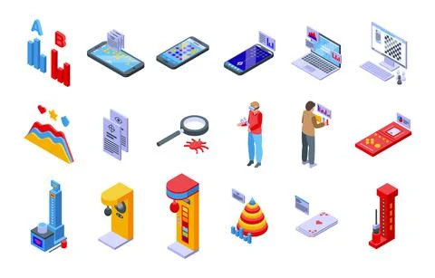 Test game icons set isometric vector. Scientist expert 스톡 일러스트
