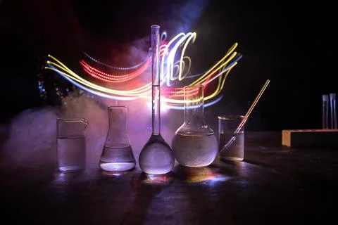 Test glass flask with solution in research laboratory. Science and medical ba Stock-Fotos