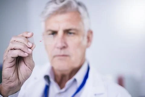 Test, microscope slide and man with research, medical and sample with discovery Foto stock