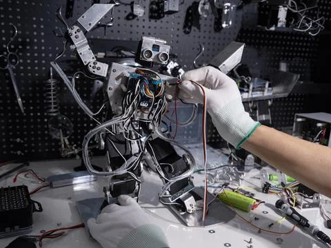 Test the robot on the workbench 스톡 사진