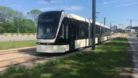 Test run af the Odense light rail (letbane) to be in opration during 2021 Stock Footage 156171996
