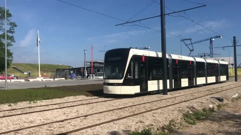 Test run af the Odense light rail (letbane) to be in opration during 2021 Video stock 156172010