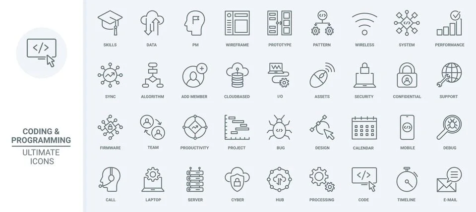 Test of software code, data storage thin line icons set, support of project Stock Illustration