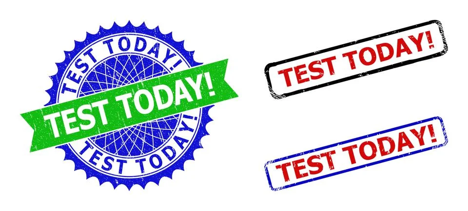 TEST TODAY Exclamation. Rosette and Rectangle Bicolor Stamps with Scratched Stock Illustration