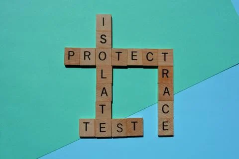 Test, Trace, Isolate, Protect, crossword Stock Photos
