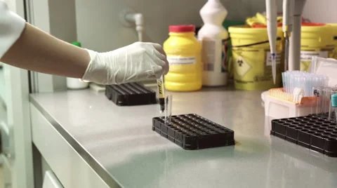 Test-tube with blood for testing and analysis at modern medical laboratory Stock Footage 59510587