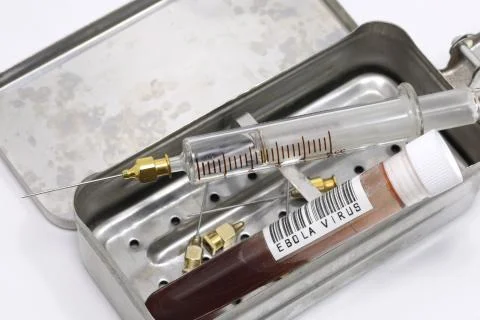 Test tube with label bar code. In the code is wirten EBOLA VIRUS Stock Photos