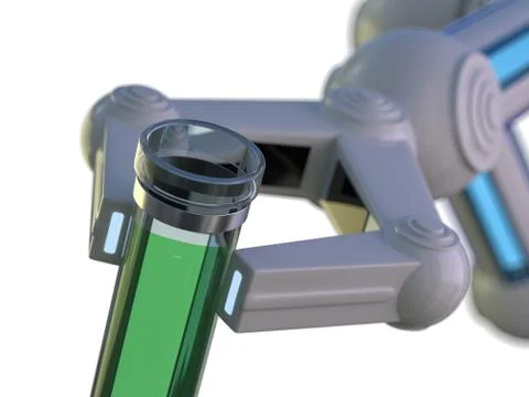 Test tube in robot arm. robot manipulates chemical tubes. 3D Stock Illustration