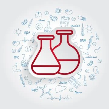 Test tube vector icon on handdrawn healthcare doodles background Stock Illustration
