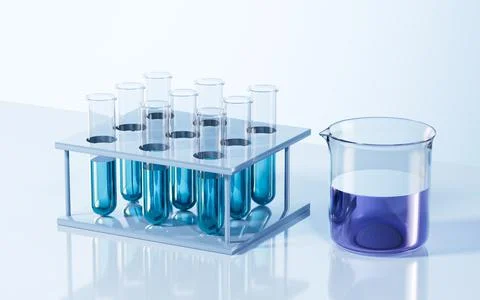 Test tubes and beaker in the lab, 3d rendering. Stock Illustration