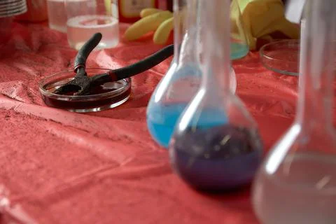 Test tubes and chemical elements. Alchemy and Experiments. Chemists conduct expe Stock Photos