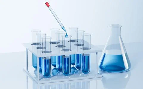 Test tubes and conical flask on the desk in the lab, 3d rendering. Stock Illustration