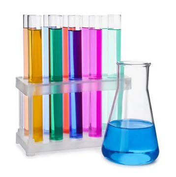 Test tubes and conical flask with colorful liquids on white background Stock Photos