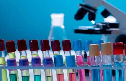 Test tubes and flasks and microscope in a chemical laboratory Stock Photos