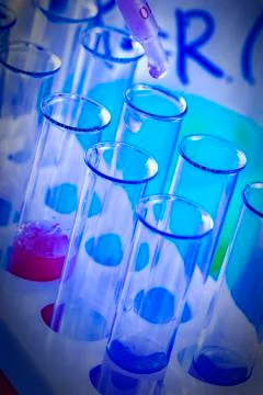 The test tubes and flasks with colored liquid in a laboratory Stock Photos