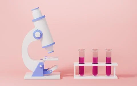 Test tubes and microscope with pink background, 3d rendering. イラスト素材